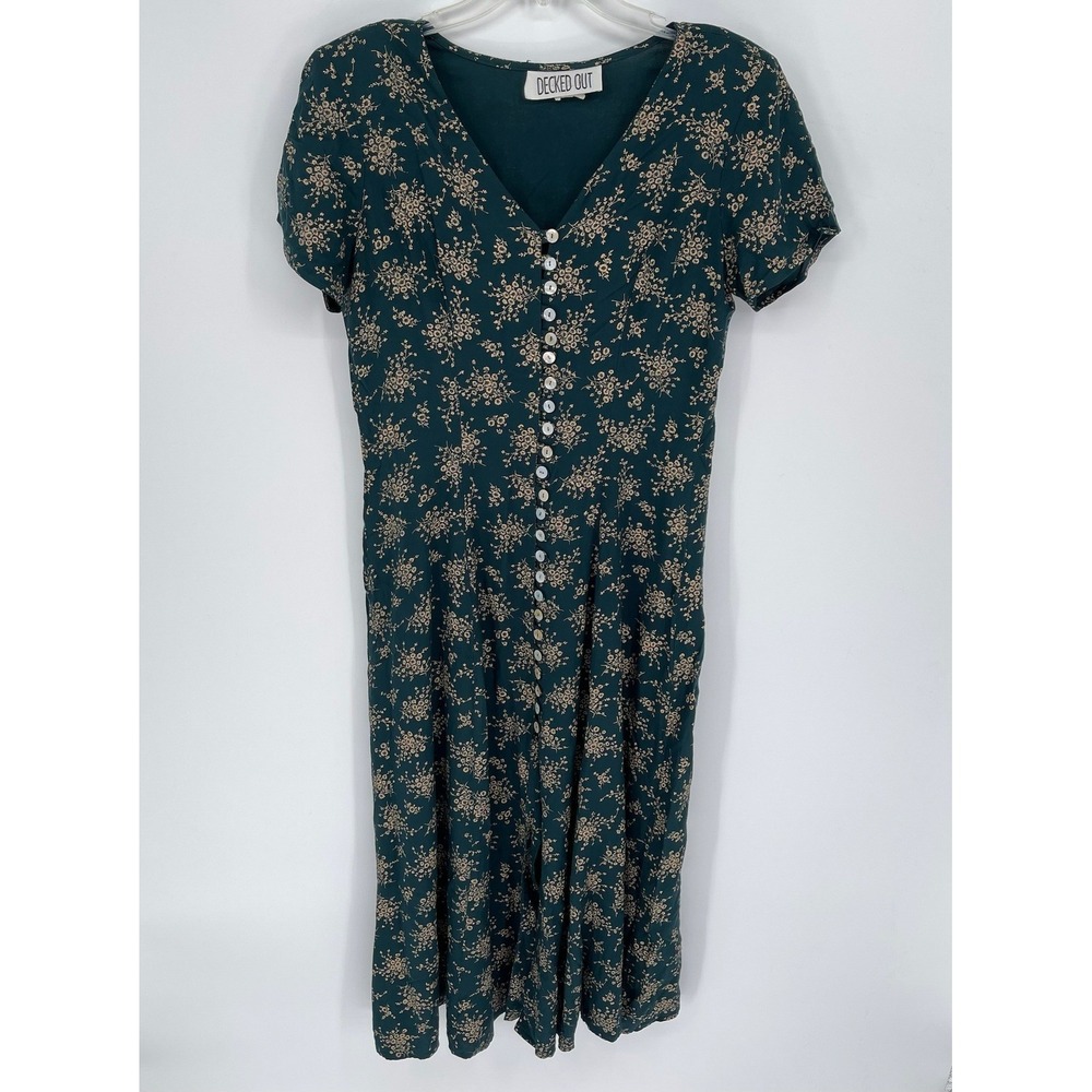 Decked Out Vintage Women's Green Floral Button Front Midi Dress Size M